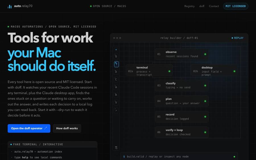 auto.relay70 landing page headed Tools for work your Mac should do itself