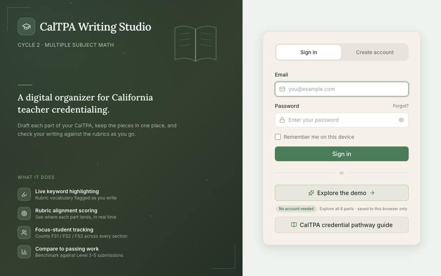 CalTPA Writing Studio, a digital organizer for California teacher credentialing
