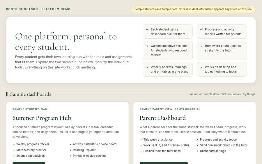 Roots of Reason platform demo showing sample student and parent dashboards