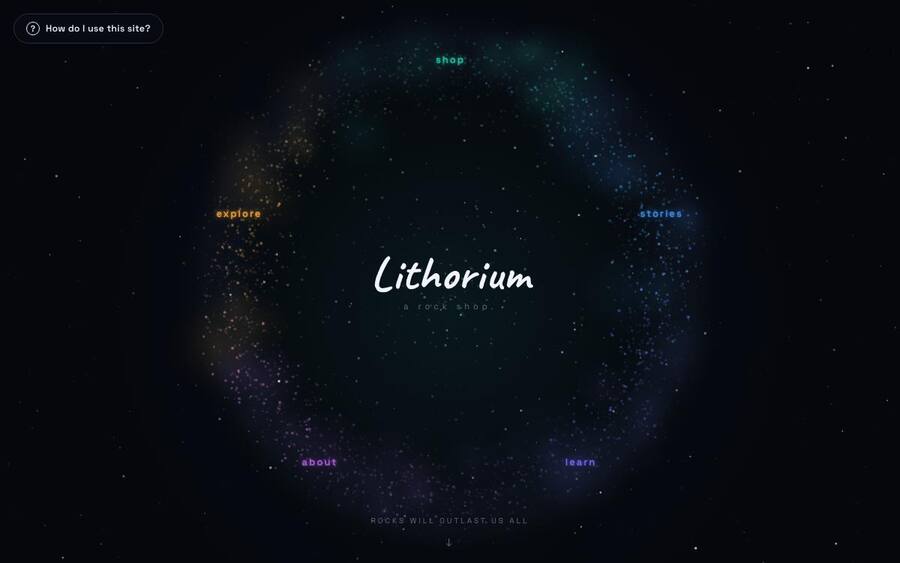 Lithorium orbit navigation: named regions arranged around a drifting particle field