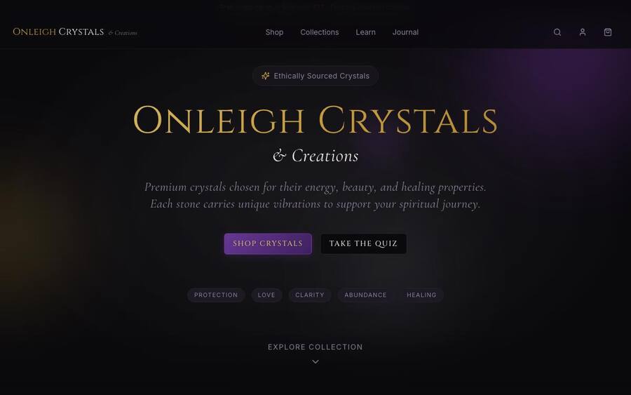 Onleigh Crystals storefront with shop, collections, learn and journal navigation