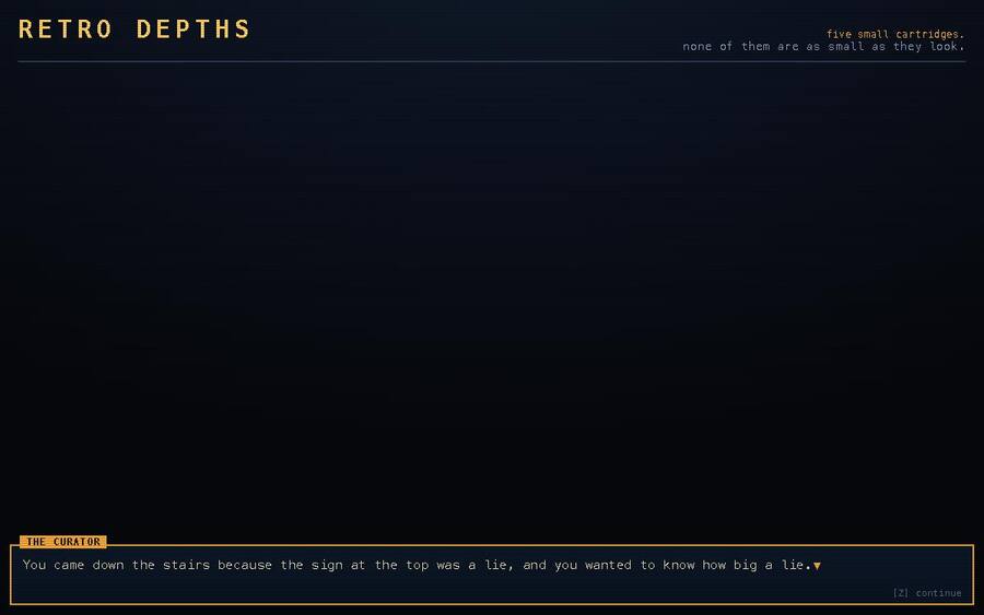 Retro Depths, a text descent rendered in a terminal frame