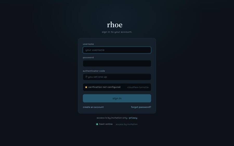 Rhoe sign-in screen with username, password and authentication code fields