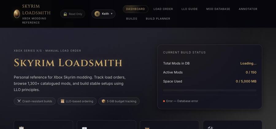 Skyrim Loadsmith dashboard with load order, mod database and build planner tabs