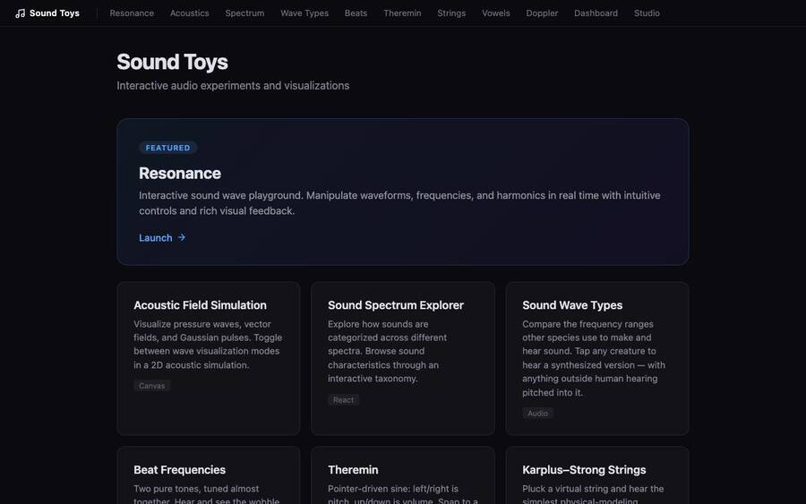 Sound Toys index listing acoustic field simulation, spectrum explorer, wave types, beat frequencies, theremin